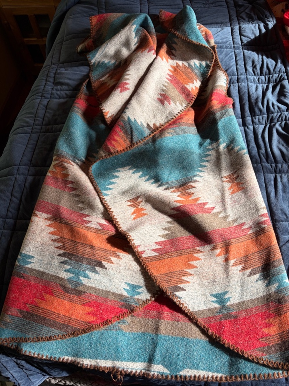 Southwestern Aztec Pattern Open Front Poncho - Teal, Rust, Gray - Picture 2 of 4
